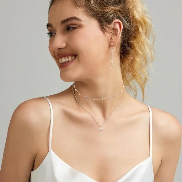 Jewelry Set-Silver Women Dainty Pearl Choker Earrings Bracelet Wedding Gift